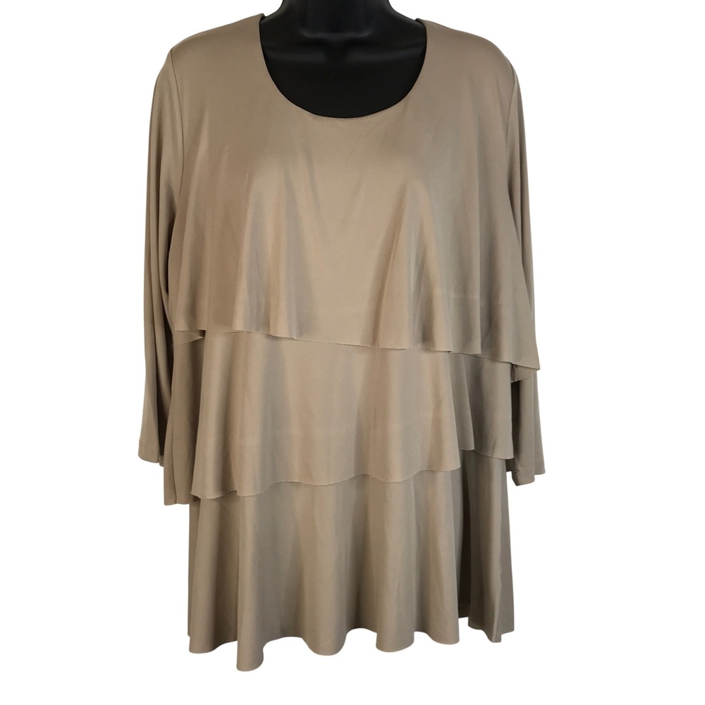 Susan Graver Liquid Knit Tiered Ruffle Top Tan Beige Scoop Neck Long Sleeve Lg